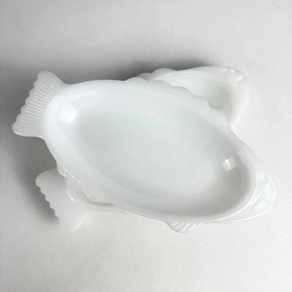 (2) VINTAGE Glasbake White Milk Glass Fish Shaped Baking Dish 9.25